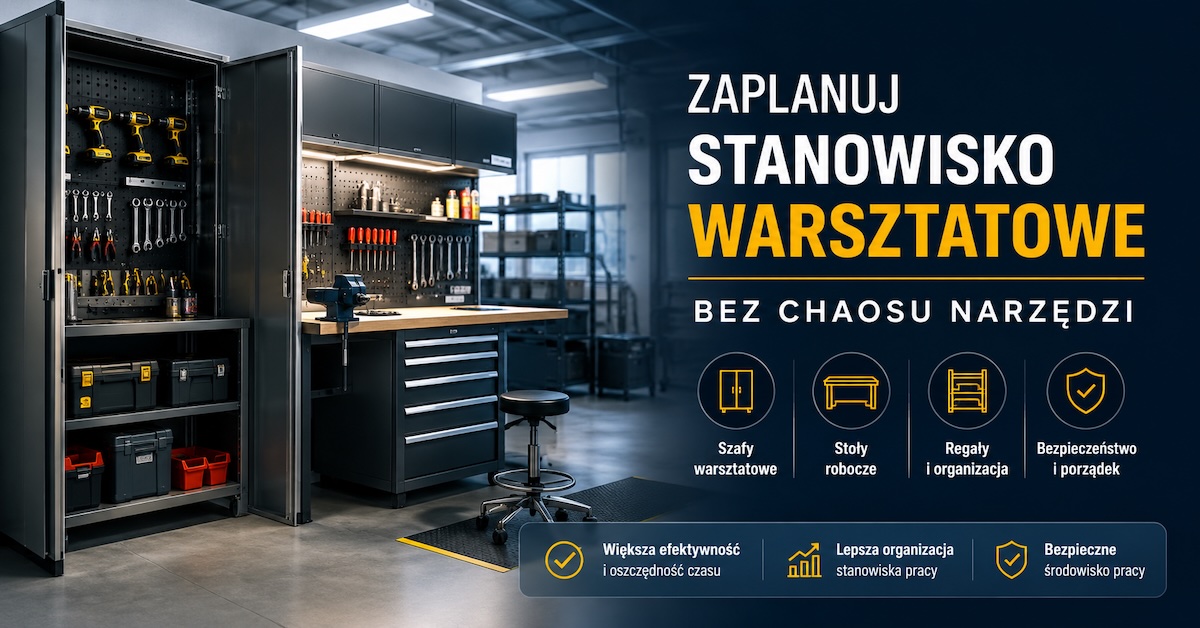 Uporządkowane stanowisko warsztatowe z szafą metalową, stołem roboczym i regałem na części