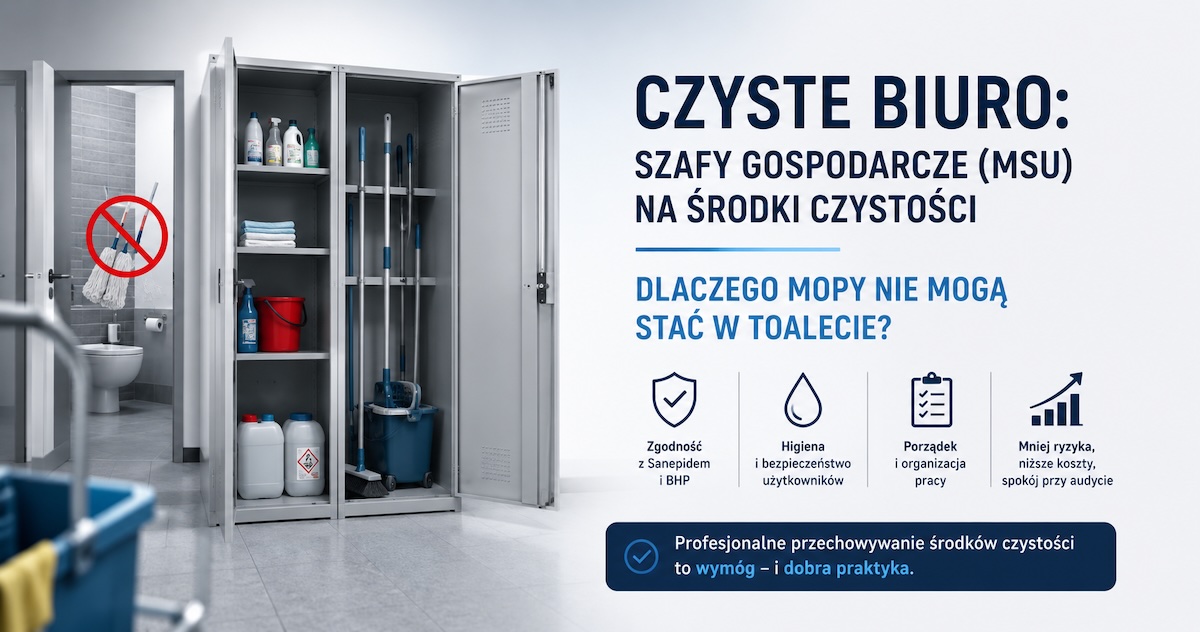 Zamykana szafa gospodarcza MSU w zapleczu biurowym z wydzielonym miejscem na środki czystości i mopy
