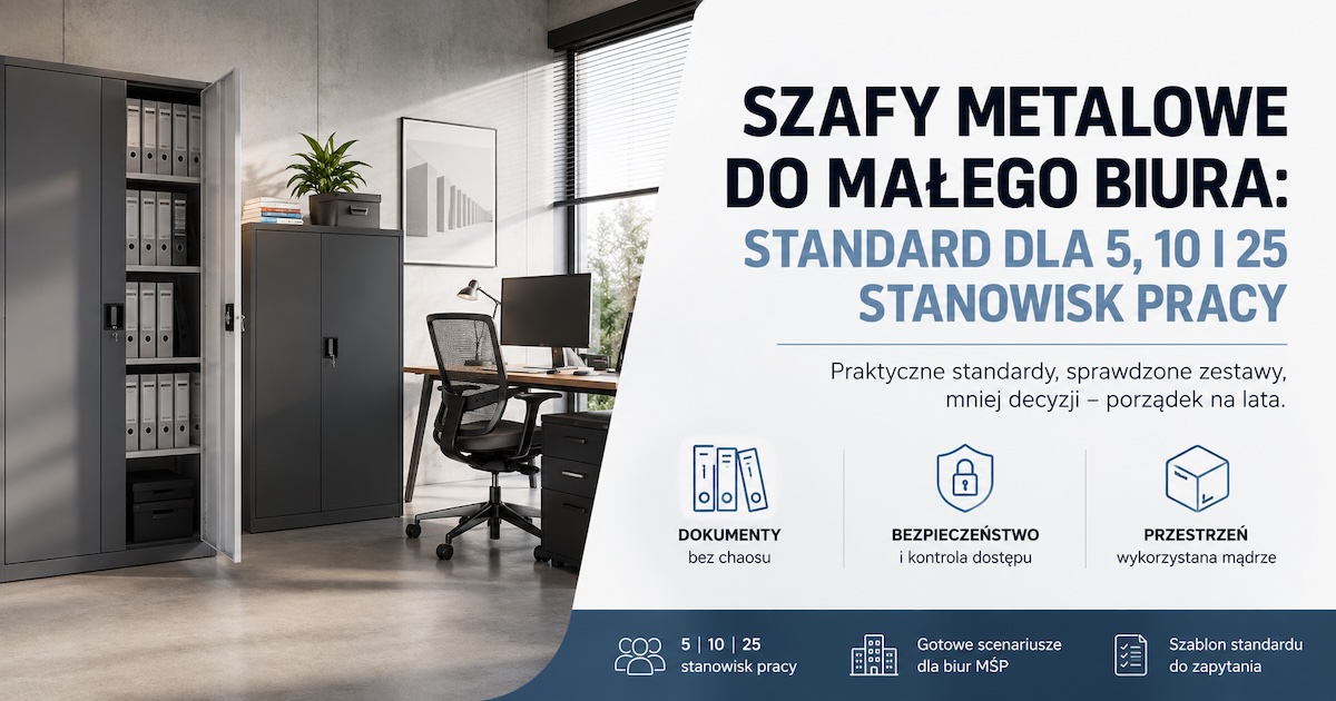 Zestaw szaf metalowych w małym biurze z podziałem na dokumenty, sprzęt i rzeczy osobiste