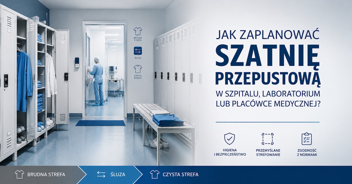 Schemat szatni przepustowej z podziałem na strefę brudną, śluzę sanitarną i strefę czystą