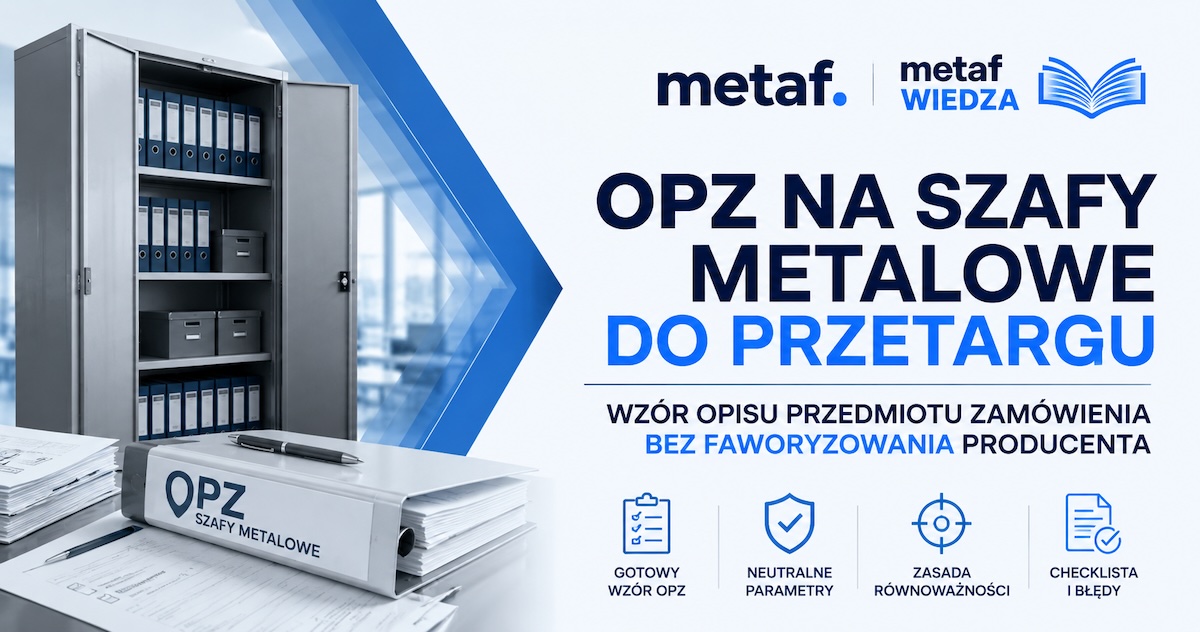 Tabela OPZ na szafy metalowe obok przykładowych szaf do dokumentów, BHP i laboratorium
