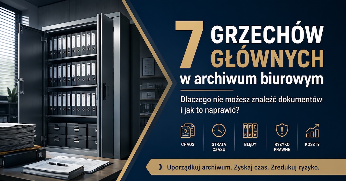Uporządkowane archiwum biurowe z opisanymi metalowymi szafami na dokumenty