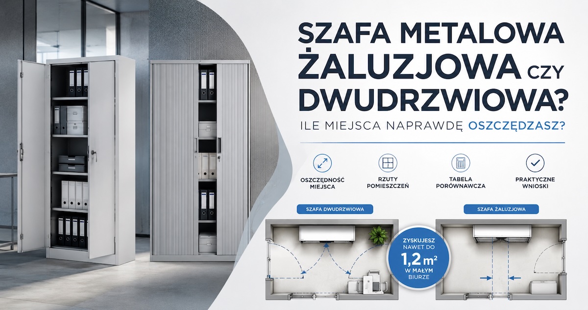 Rzut porównujący szafę metalową żaluzjową i skrzydłową w małym biurze