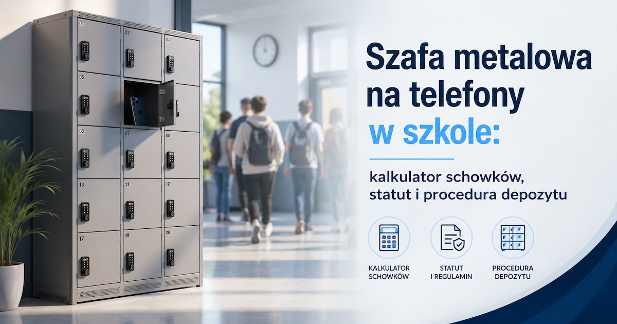 Szafa metalowa z numerowanymi skrytkami na telefony w szkolnym korytarzu