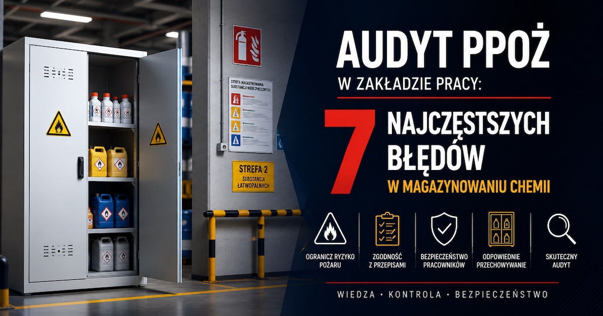 Audyt PPOŻ magazynowania chemii z szafą chemiczną i dokumentacją SDS