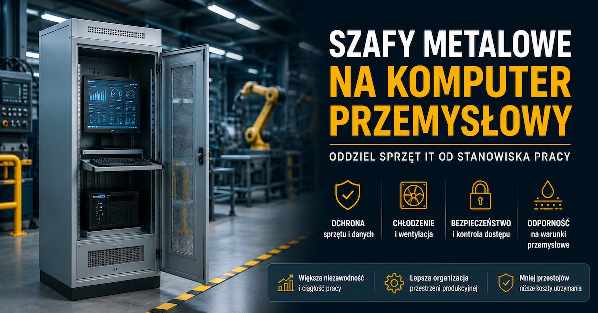 Przemysłowa szafa metalowa na komputer ustawiona przy stanowisku operatorskim w hali produkcyjnej
