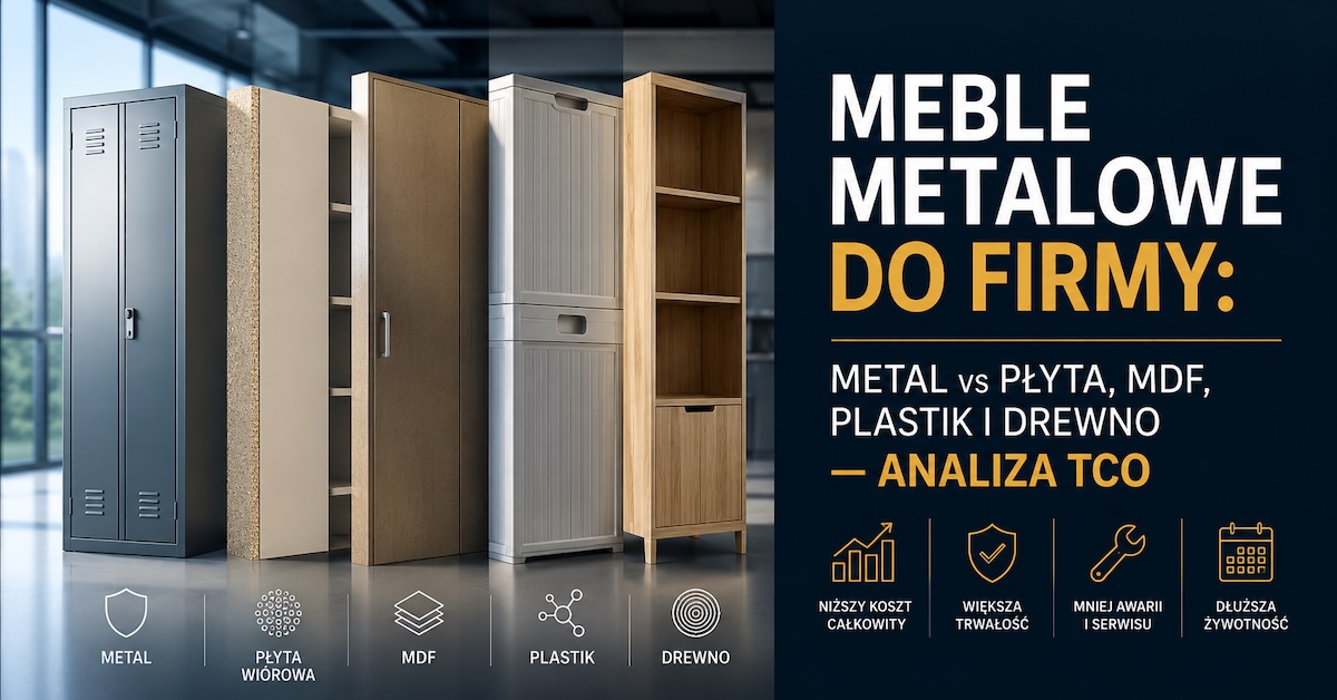 Porównanie mebli metalowych, płyty, MDF, plastiku i drewna w analizie TCO dla firmy