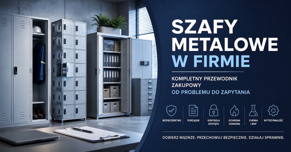 Rząd różnych szaf metalowych do biura, szatni, archiwum, warsztatu i laboratorium