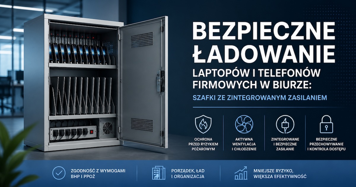 Szafa metalowa ze zintegrowanym zasilaniem do ładowania laptopów i telefonów firmowych w biurze