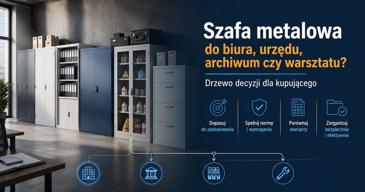 Drzewo decyzji pomagające dobrać szafę metalową do biura, urzędu, archiwum, warsztatu i laboratorium