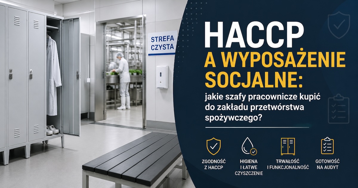Szatnia pracownicza i zaplecze socjalne w zakładzie przetwórstwa spożywczego z metalowymi szafami pracowniczymi