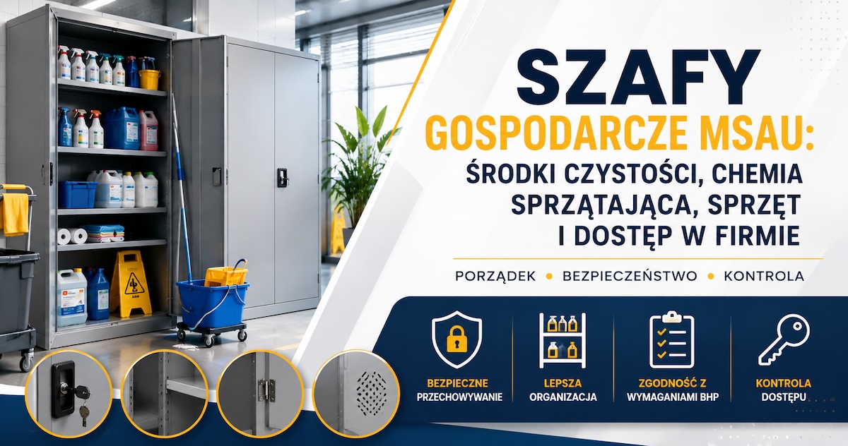 Zorganizowany magazynek środków czystości z metalową szafą gospodarczą, półkami, mopami i oznaczeniami BHP