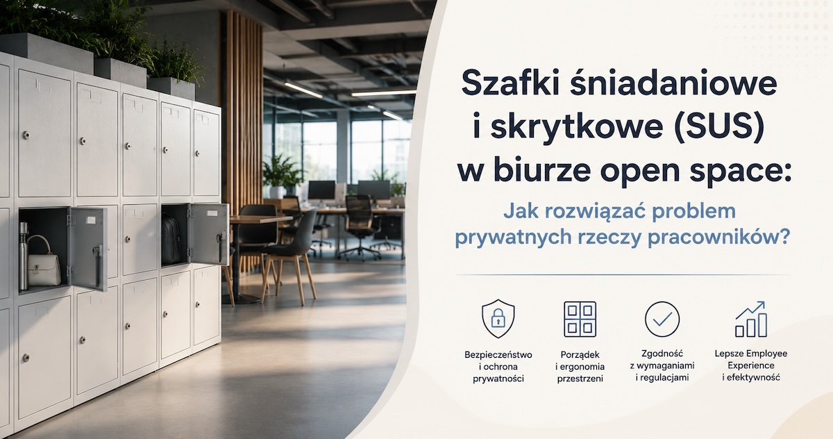 Strefa skrytek pracowniczych i szafek śniadaniowych w nowoczesnym biurze open space