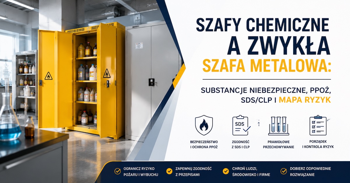 Porównanie szafy chemicznej HTG i zwykłej szafy metalowej w laboratorium z mapą ryzyk SDS i CLP