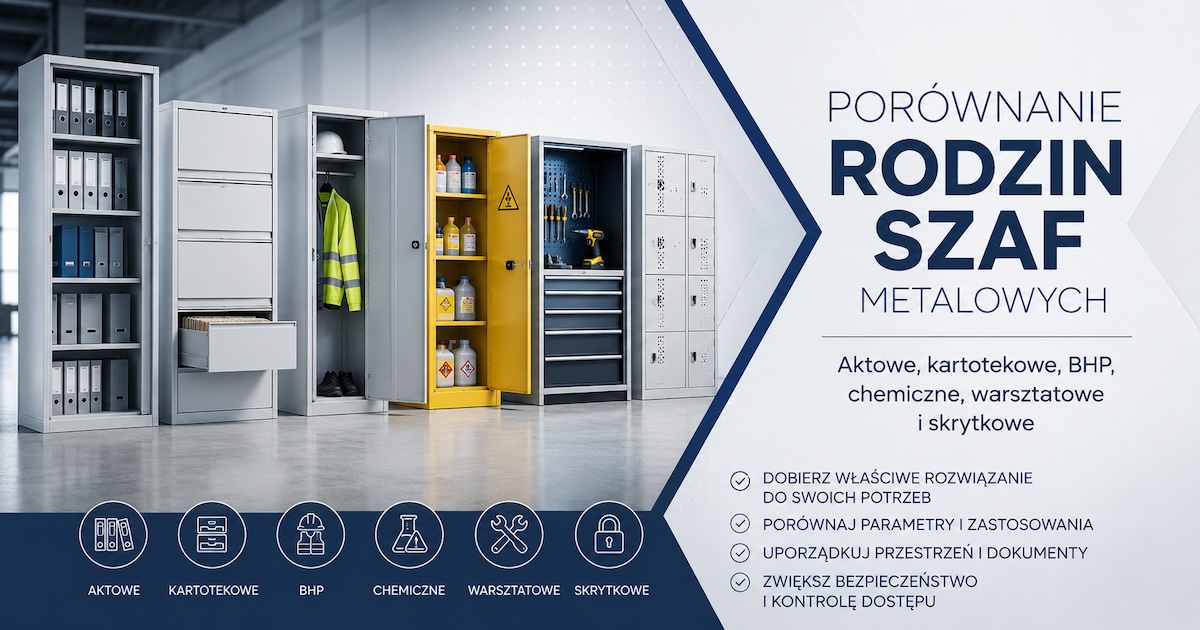 Porównanie rodzin szaf metalowych Metaf w układzie biuro, szatnia, laboratorium, warsztat i skrytki