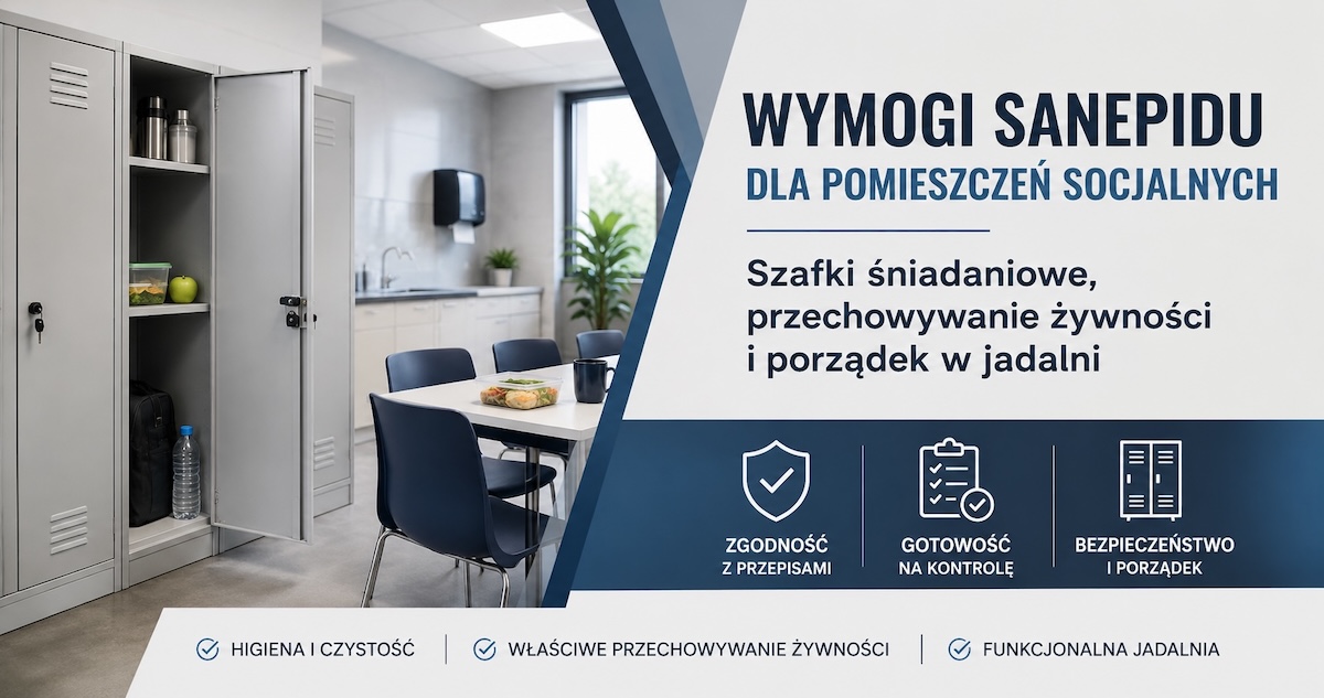 Uporządkowana jadalnia pracownicza z zamykanymi szafkami śniadaniowymi i checklistą kontroli