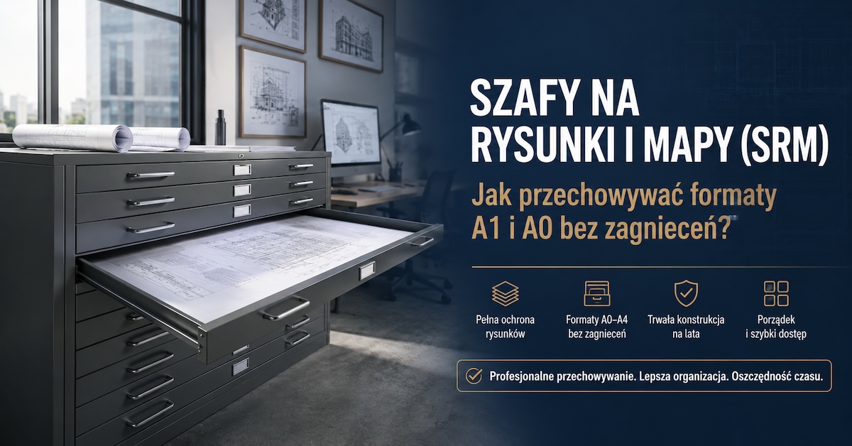 Metalowa szafa SRM z wysuniętą płaską szufladą na rysunki techniczne A0 w biurze projektowym