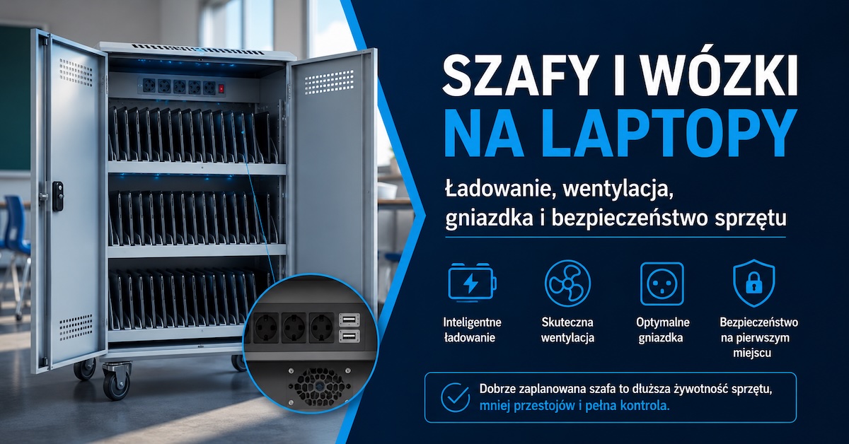 Metalowy wózek na laptopy z otwartymi drzwiami, półkami, przewodami ładowania i strzałkami przepływu powietrza