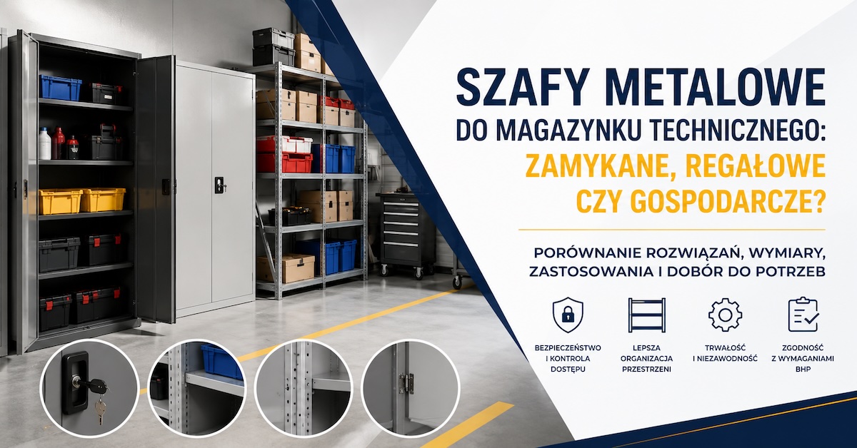 Magazynek techniczny z podziałem na zamykaną szafę metalową, regał i szafę gospodarczą