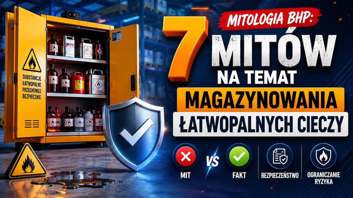 Szafa chemiczna ognioodporna i oznakowane pojemniki z cieczami łatwopalnymi w zapleczu laboratoryjnym