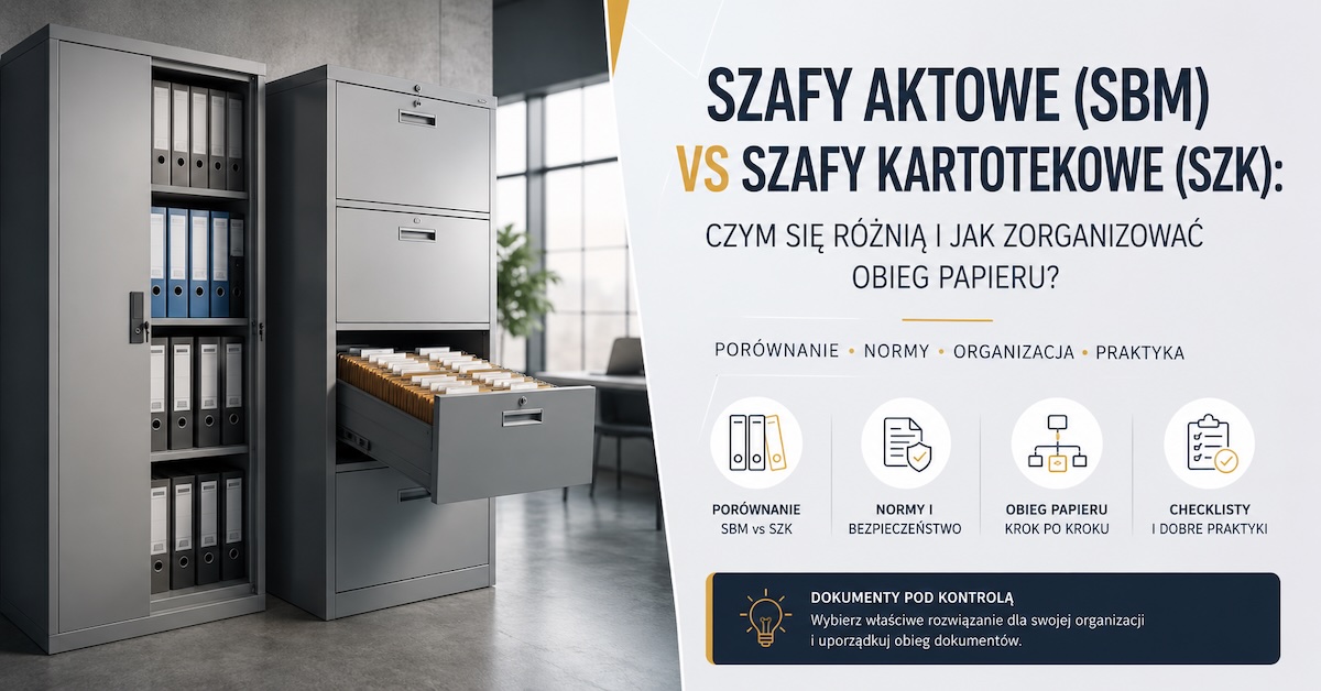 Porównanie szafy aktowej SBM z półkami i szafy kartotekowej SZK z szufladami do dokumentów
