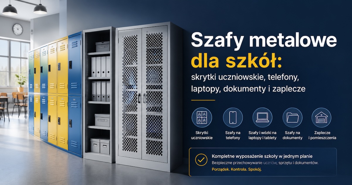 Mapa stref szkoły z szafkami uczniowskimi, szafą na telefony, wózkiem na laptopy i szafą na dokumenty